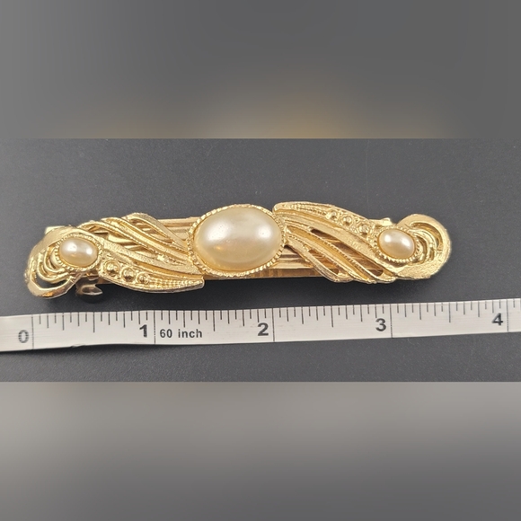 Vintage NOS PHILIPS Barrette Hair Clip Gold Tone Ornate Metal With Pearl Accents - Picture 8 of 8